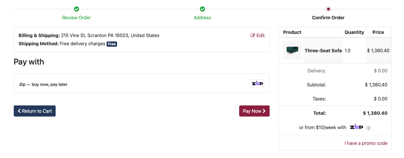Zip Pay Odoo checkout